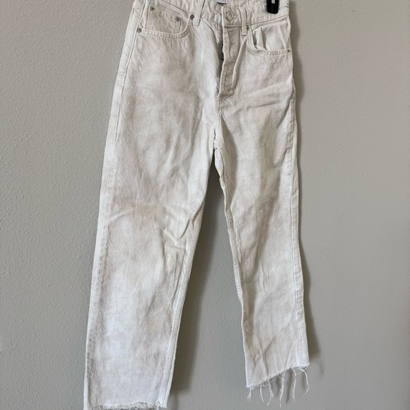 Zara Acid Wash Cream Straight Leg Jeans with Frayed Hem Button Fly Size 6 - Picture 2 of 7